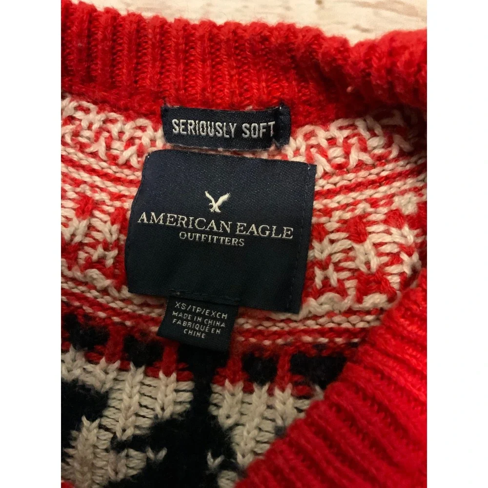 American Eagle Seriously Soft Fair Isle‎ Ski Sweater Grey Red Navy Mens XS